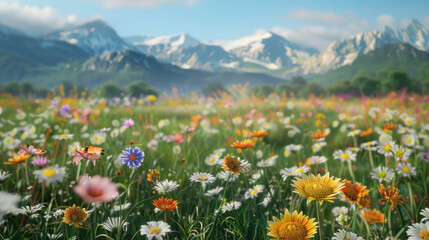 Obraz premium A field of various flowers surrounded by mountains as a backdrop.
