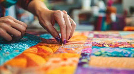 Naklejka premium Close-up of hands embroidering a detailed floral design on fabric, needle and thread creating beautiful patterns, sense of tradition.