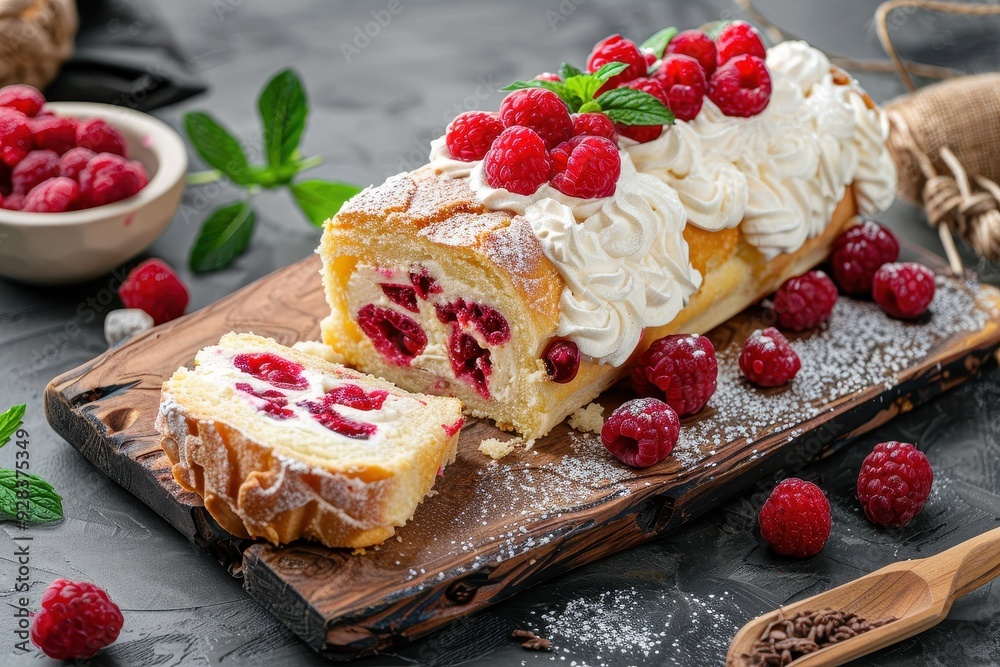 Sticker delicious sponge swiss roll with cream cheese and raspberries