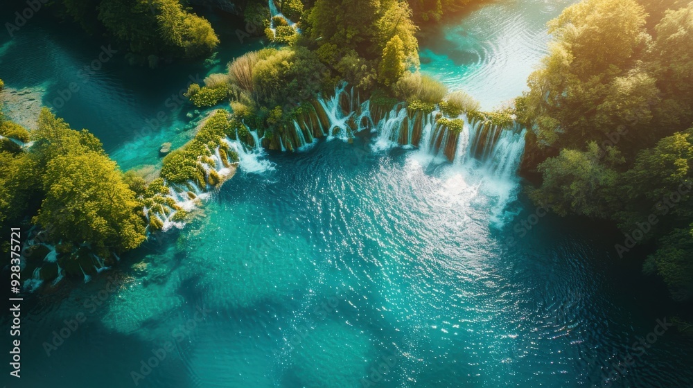 Poster A beautiful blue lake with a waterfall in the background