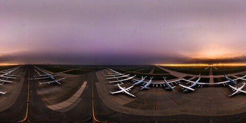Full 360 degrees seamless spherical panorama HDRI equirectangular projection of Vast airport tarmac under. Texture environment map for lighting and reflection source rendering 3d scenes.	
