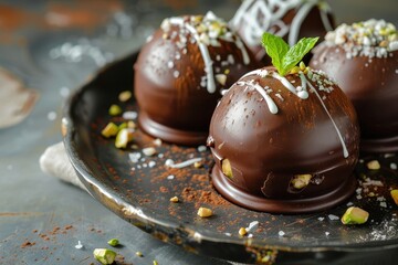 Fototapeta premium Dessert with pistachio and chocolate covered chestnut