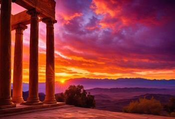 Naklejka premium majestic timeless columns framed breathtaking sunset panorama vibrant colors dramatic skies, sky, landscape, architecture, view, horizon, clouds, light