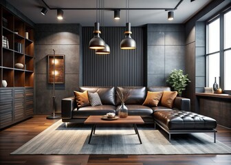 Sleek modern minimalist Scandinavian sparse monochromatic bold dark tones industrial chic masculine