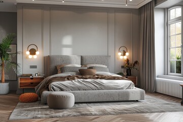 Modern bedroom with grey velvet bed frame, herringbone parquet floor, and soft lighting creating a cozy, luxurious atmosphere.