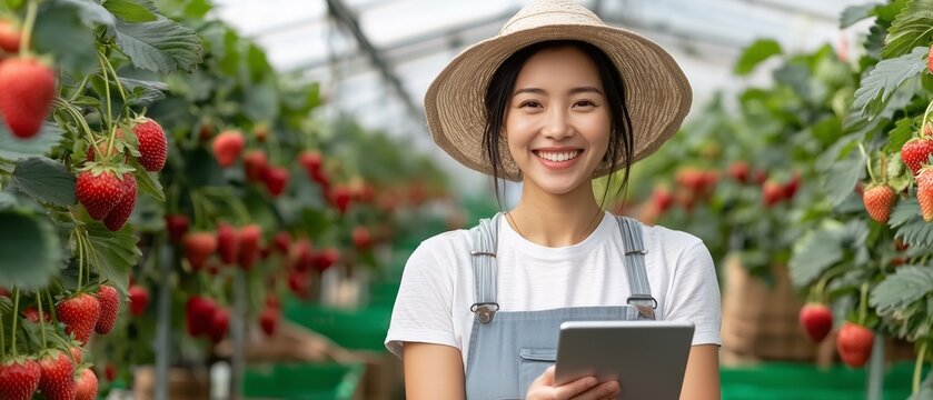 Smiling woman in a straw hat holding a tablet in a strawberry greenhouse, showcasing modern farming techniques and technology. - Powered by Adobe