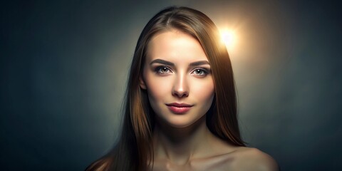 Fototapeta premium Softbox-lit minimalist beauty portrait of a serene woman with a subtle smile and a lone whitehead on her forehead shrouded in mystery