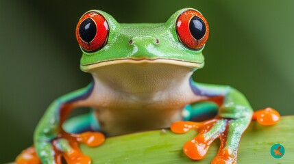Close-up of a vibrant red-eyed tree frog resting on a green leaf, showcasing its colorful features and unique habitat.
