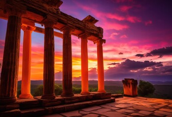 Obraz premium majestic columns framing vibrant sunset rich colors purple sky, architecture, backdrop, orange, pink, clouds, light, shadows, beauty, scenery, landscape
