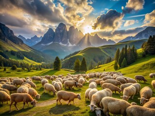 Obraz premium Majestic flock of woolly sheep graze peacefully on a lush, sun-kissed high-altitude mountain meadow, surrounded by rolling hills and towering peaks in the Italian countryside.