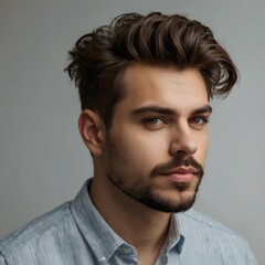 Obraz premium man with styled hair and a beard wearing a casual light blue shirt relaxed and confident expression, modern fashion style for a youthful and trendy vibe