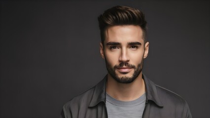 Fototapeta premium portrait of a man with a trimmed beard wearing a casual black jacket, isolated on a neutral background, looking confident