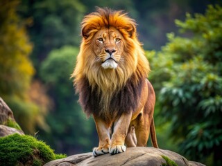 Fototapeta premium Majestic lion, with its regal mane and powerful physique, proudly stands in its natural habitat, exemplifying the king of the jungle's dominance and wild beauty.