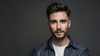 Fototapeta premium bearded man in a black leather jacket, stylish and confident, looking directly at the camera, isolated on a plain background, perfect for fashion or lifestyle themes