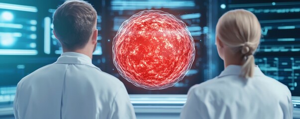 Scientists observing a glowing red sphere in a modern lab, showcasing advanced technology and innovation in research.
