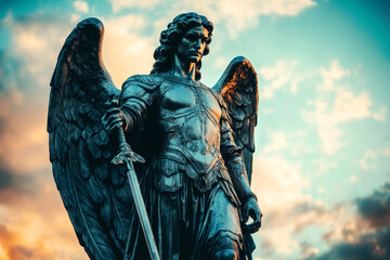 Fototapeta premium Graphic and biblical representation of the Archangel Michael. AI generativ.