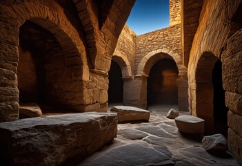 Fototapeta premium mysterious shadows shapes projected ancient stone structures highlighting intriguing textures patterns, architecture, building, ruin, wall, monument