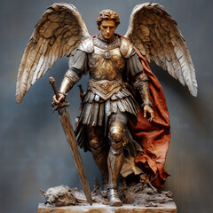 Obraz premium Graphic and biblical representation of the Archangel Michael. AI generativ.