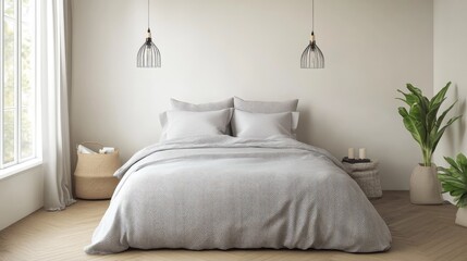 A stylish room with bed sheets showcasing a trendy, herringbone pattern in minimalist colors.
