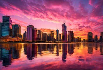 Naklejka premium breathtaking dawn illuminating sleek city skyline outlines vibrant colors reflections horizon, illumination, buildings, architecture, morning, light, urban