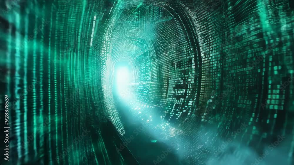 Poster futuristic binary code tunnel with glowing light: concept of digital data streams & cybersecurity at
