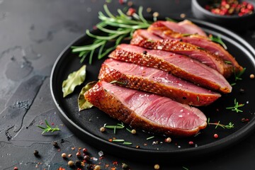 Duck breast on plate with spices and herbs
