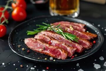 Fototapeta premium Duck breast slices with beer on black plate Appetizer meat snack