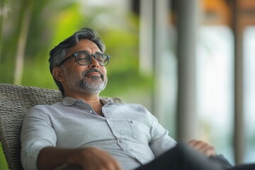 Handsome indian asian mid age man sitting on chair and relaxing, Generative AI