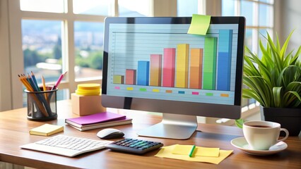 Modern computer screen displaying analytics and chart graphs, surrounded by colorful post-it notes and coffee cups, on a busy office desk.