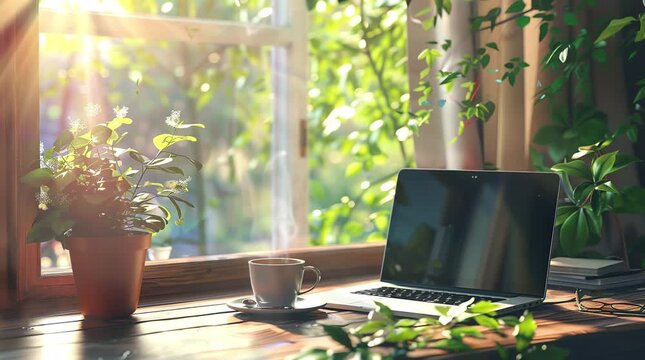 Cup of coffee and a laptop positioned by a window, offering a cozy and productive workspace with a view of the outside.
 Seamless looping 4k time-lapse virtual video animation Generated AI
