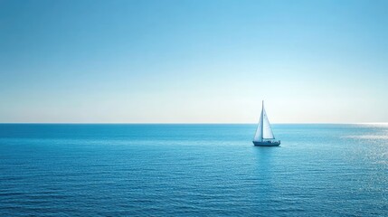Fototapeta premium A wide-angle shot of a blue sea with a solitary sailboat and a clear horizon