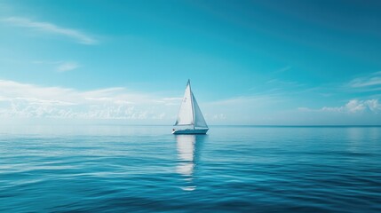 Obraz premium A wide-angle shot of a blue sea with a solitary sailboat and a clear horizon