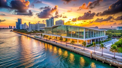 Modern glass-enclosed convention center overlooking turquoise ocean waters and vibrant cityscape at sunset in Miami Beach, Florida.