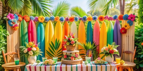 Fototapeta premium fun tropical summer birthday party backdrop with colorful floral arrangements and vintage surfboards under bright natural sunlight