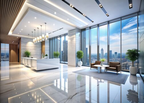 Modern luxury hotel or office building interior features a sleek white reception hall with a blurred corridor and floor-to-ceiling glass wall overlooking a cityscape.
