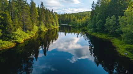 Drone shot of a calm river reflecting the surrounding forest and sky.
