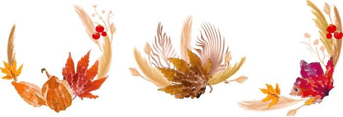 Autumn Dry Flowers Accents. Watercolor Pampas Grass Corners and Frames set.