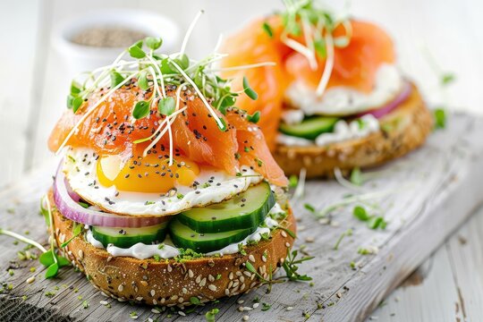 Egg benedict with smoked salmon micro greens onion cucumber cream cheese on a white wooden table Healthy breakfast idea Selected focus