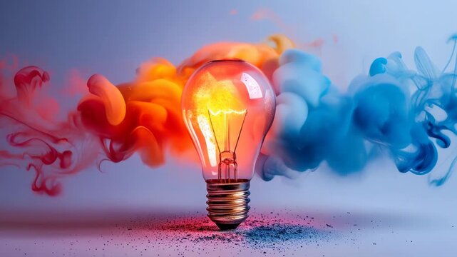 Vibrant Light Bulb with Creative Colorful Smoke - Think Different Concept of Innovation and Creativity, Inspirational Idea at Twilight
