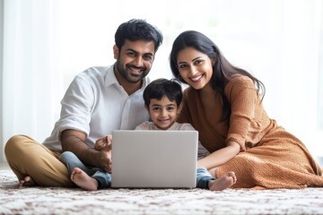 Indian asian young family with parents and kids using computer while sitting isolated on white, Generative AI