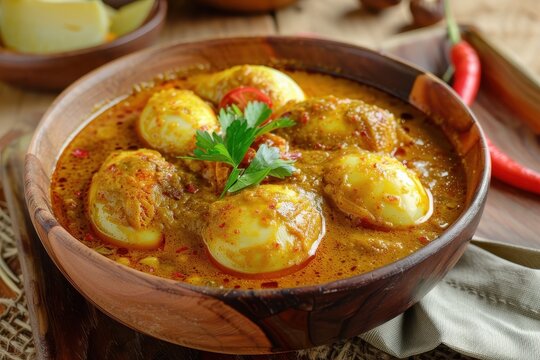 Egg curry in Indonesian cuisine is made with spicy yellow sauce called gulai
