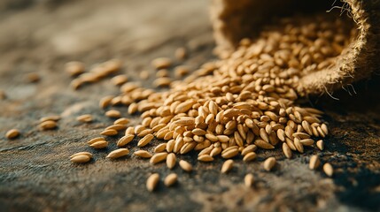 Obraz premium Golden Wheat: A rustic burlap sack spills forth with a generous bounty of golden wheat kernels, their warm hues bathed in soft, natural light, evoking a sense of harvest, abundance
