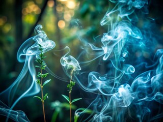 Obraz premium Mysterious wisps of sage smoke swirl and dance against a dark, blurred background, evoking a sense of mysticism and spiritual growth.