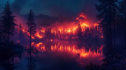 A dramatic view of a forest fire illuminating the night sky over a tranquil lake