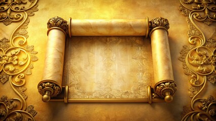 Old parchment scroll with intricate golden trim and ornate font, unfolding on a warm, creamy background with subtle texture and soft, natural lighting.