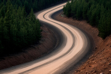 A winding road through a forest landscape, showcasing nature's beauty and the allure of exploration in tranquil surroundings.