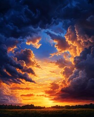 Fototapeta premium Stunning sunset view with vibrant clouds and golden light illuminating the sky, creating a dramatic and serene atmosphere.