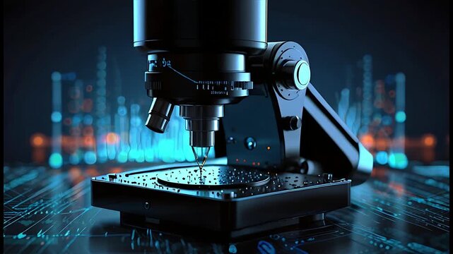 Zoomed-In Shot of Microscope Analyzing a Specimen, Positioned in a High-Tech Lab with Blue Lighting, Showcasing the Precision of Modern Research