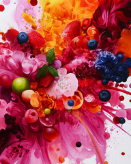 Vibrant explosion of colors featuring assorted fruits, creating a dynamic and lively visual experience.