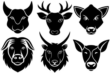 Animal Head Silhouette Vector Set - Cat, Dog, Cow, Pig, Bear, Deer Logo Icons on White Background - Vector Illustration